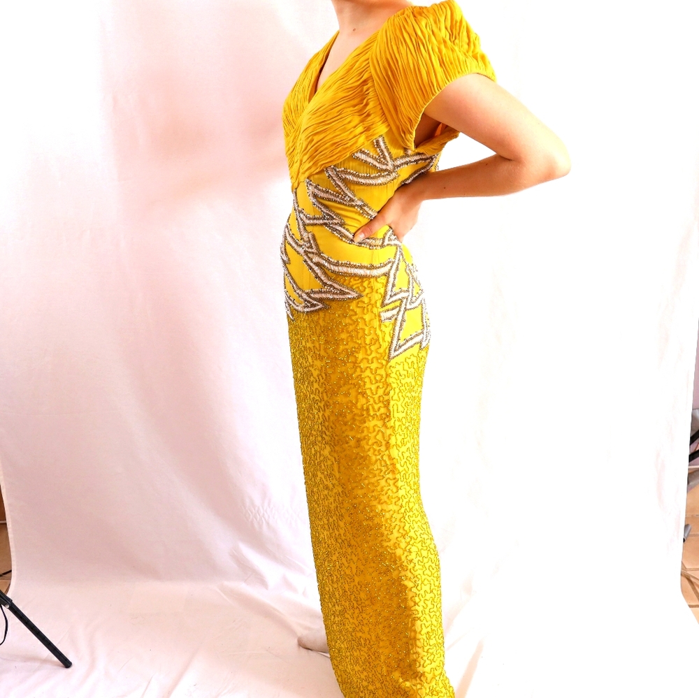 Vtg Yellow beaded gown CAMILLE